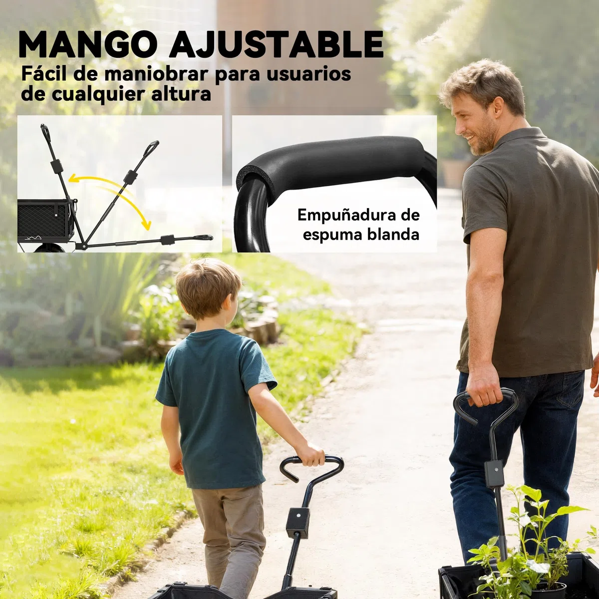 Outsunny Carrito de Jardín con Ruedas Grandes, Carga 300 kg, Carro de Mano con Asa Ajustable y Bolsa Impermeable Removible, Carrito de Transporte para Todo Terreno, Compra, Camping, Negro