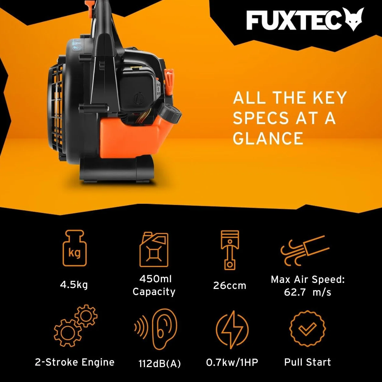 FUXTEC - Soplador de Hojas a Gasolina FX-LB126ECO Cilindrada 26 cm³ Velocidad del Aire 60 m/s Peso 4,5 kg Diferentes boquillas para Diferentes Superficies