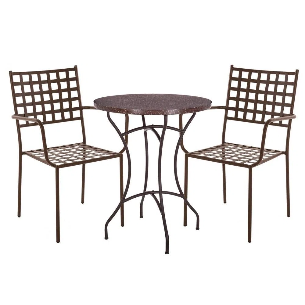 LOLAhome Mesa mármol y 2 sillas de jardín Cartago Marrón Oxido | Estilo Hierro Forjado | Mesa Ø60x72 cm | Sillas 56x61x90 cm Contract, Resistentes, Apilable y con Brazos | para Exterior | Cartago