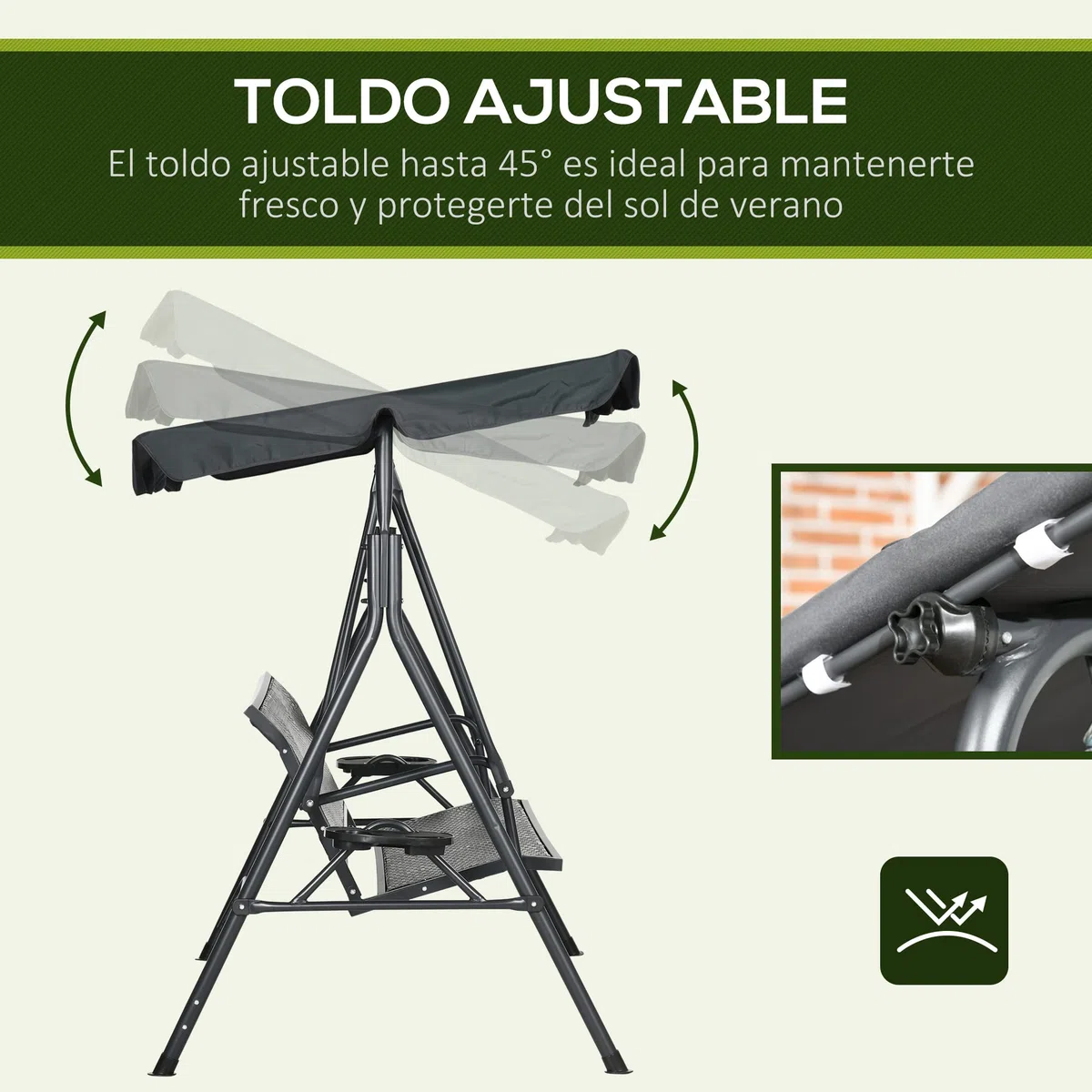 Outsunny Columpio de Jardín de 3 Plazas Banco Balancín para Exterior con Toldo Ajustable Asiento de Ratán 2 Portavasos 2 Bandejas y Marco de Acero Carga 320 kg para Terraza Patio 204x112x150 cm Gris