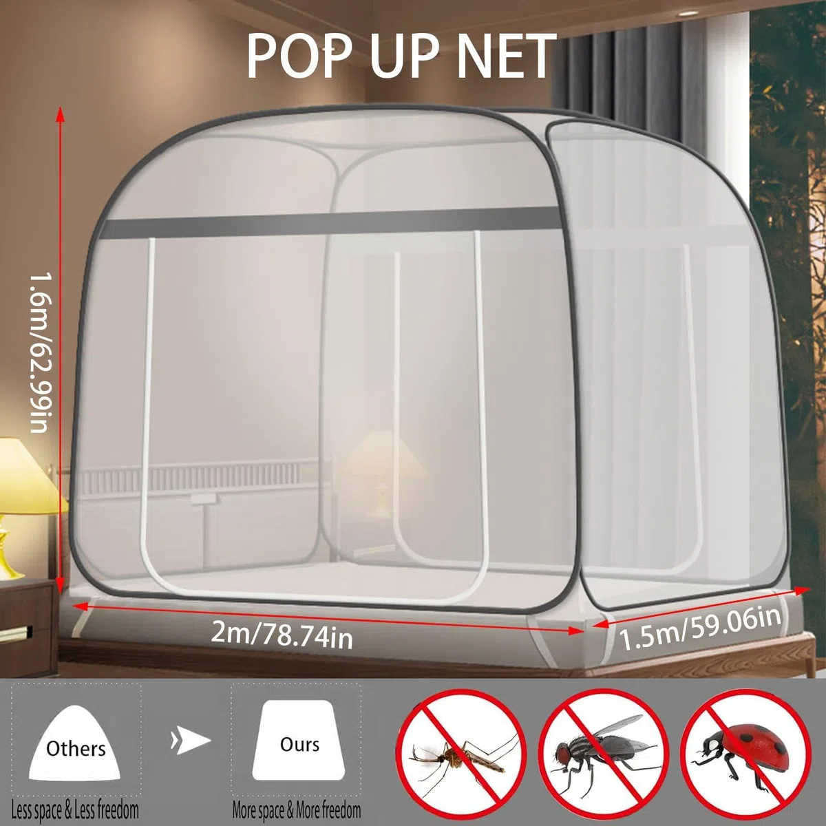 Mosquitera para cama, 180x200 cm, Mosquitera plegable de doble puerta para camping, Mosquitera plegable antimosquitos, para dormitorio, al aire libre