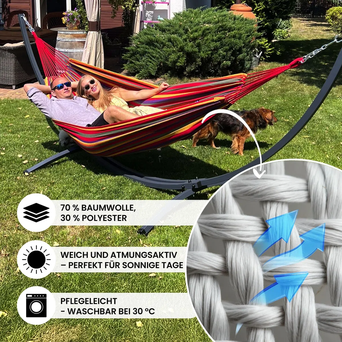 Potenza Hamaca con Soporte Incluido en Jardin, de Tela Multicolor, para 2 Personas Doble I Grande Soporte Capacidad de 220 Kg I Hamaca 220x160 cm (Azul, Soporte Gris)