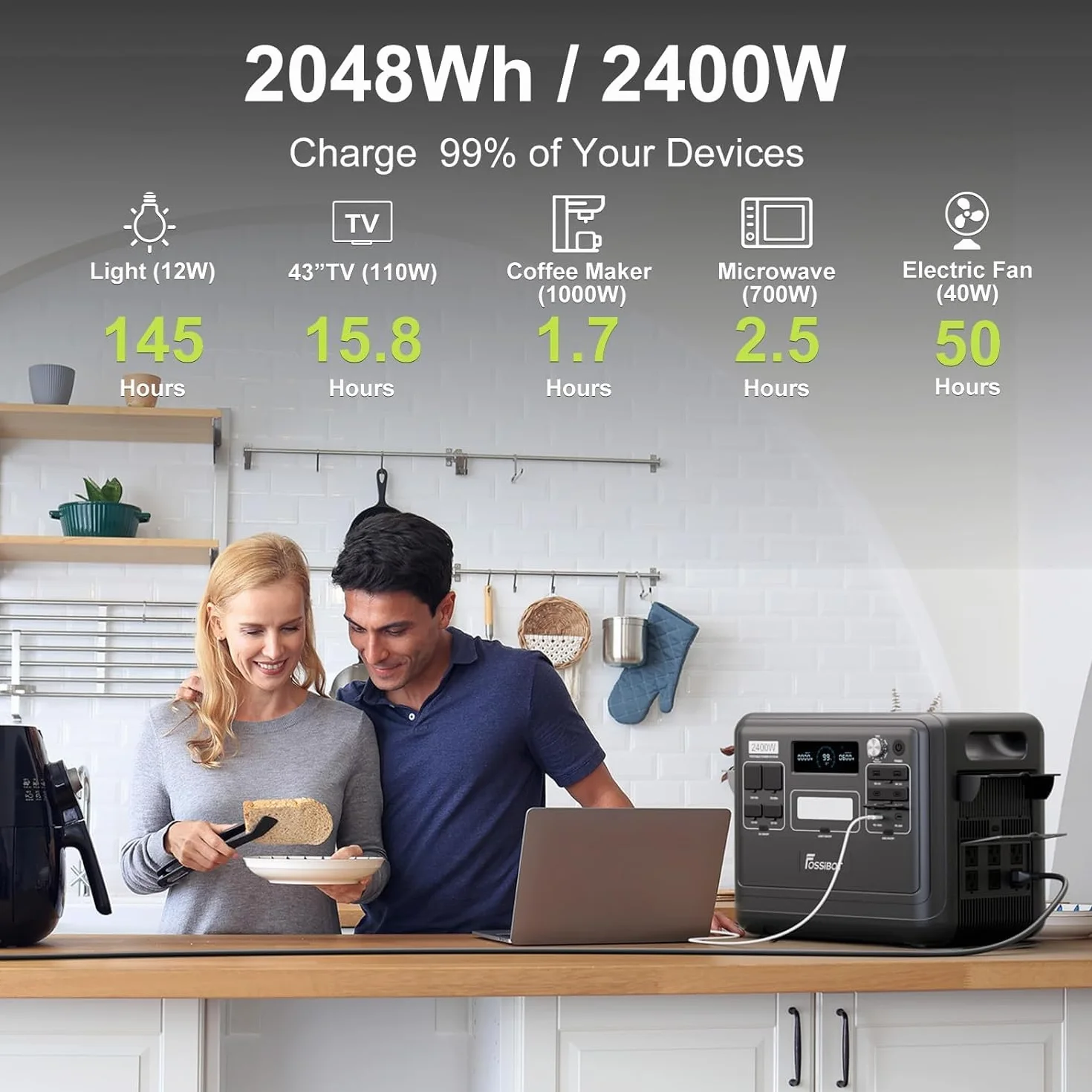Estación de Energía Solar Portátil FOSSiBOT F2400, 2048Wh Batería LiFePO4, 2400W (4800W Pico), Carga Rápida en 1.5h, 3 Tomas CA, UPS, para Cortes de Luz, Camping y Autocaravana