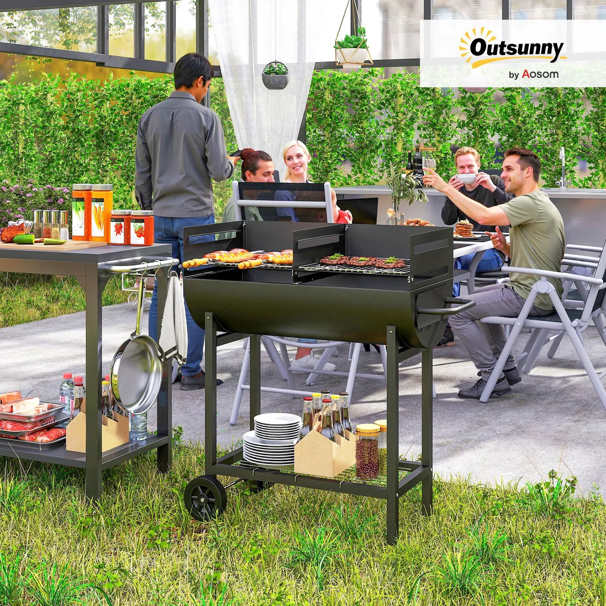 Outsunny Barbacoa de Carbón con Parrilla Ajustable en Altura para Exterior Barbacoa Portátil con Estante de Almacenaje y Ruedas 90x45x96 cm Negro