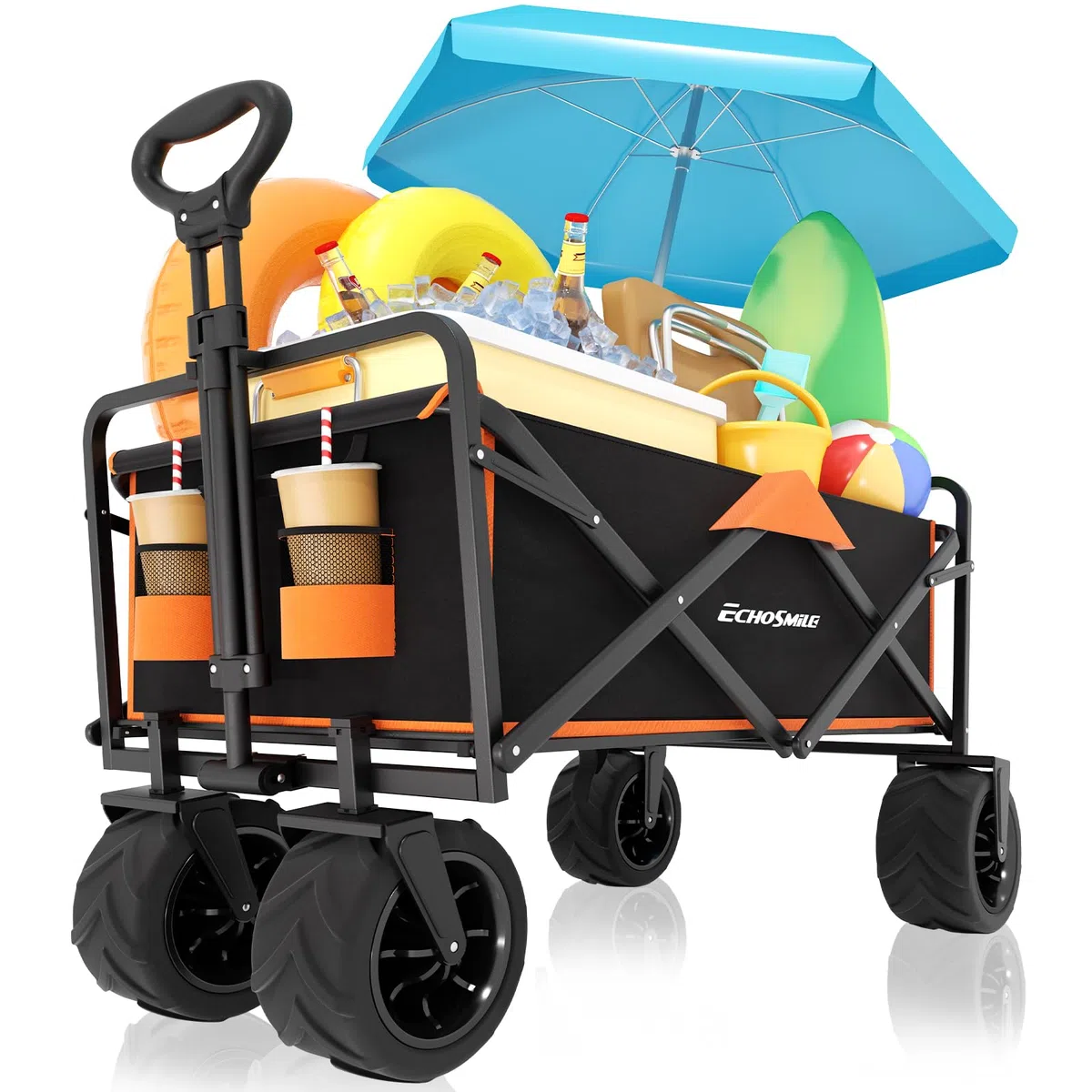 EchoSmile Carro Plegable 200L 160kg - Carrito con Ruedas Goma Maciza 360° Todo Terreno con Frenos, Asa Ergonómica, Carro de Playa Camping Jardín Compras