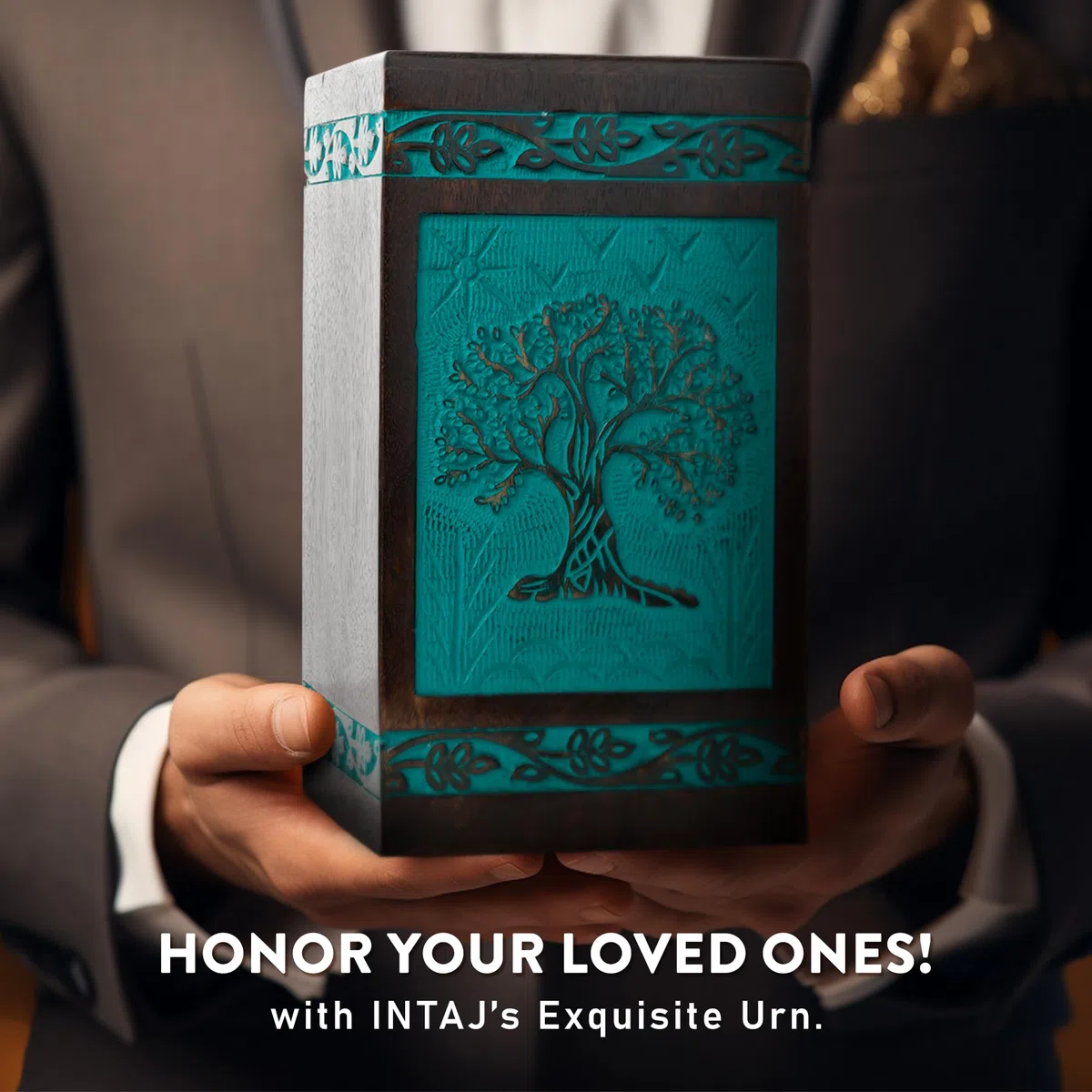 Urna de cremación para cenizas humanas, caja de madera para cenizas hecha a mano, urna conmemorativa del árbol de la vida, urnas de cremación funeraria (verde azulado, XL (250 libras o 115 kg))