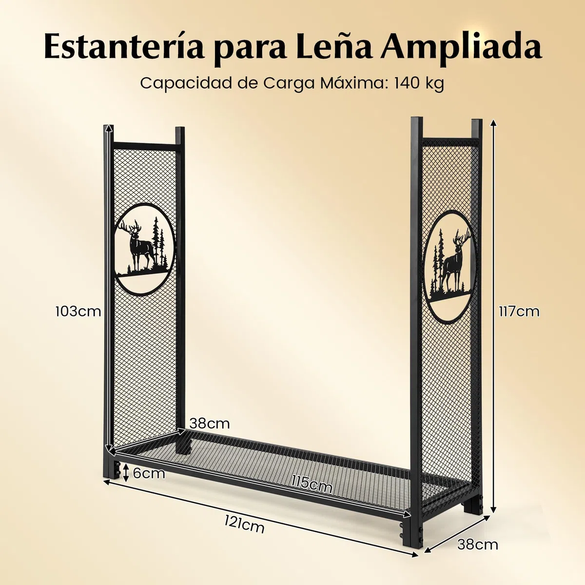 COSTWAY Leñero Exterior/Interior, 121 x 38 x 117 cm, Estante de Leña con Lados de Malla, Base Elevada, Carga de 140kg, Soporte para Almacenar Leña