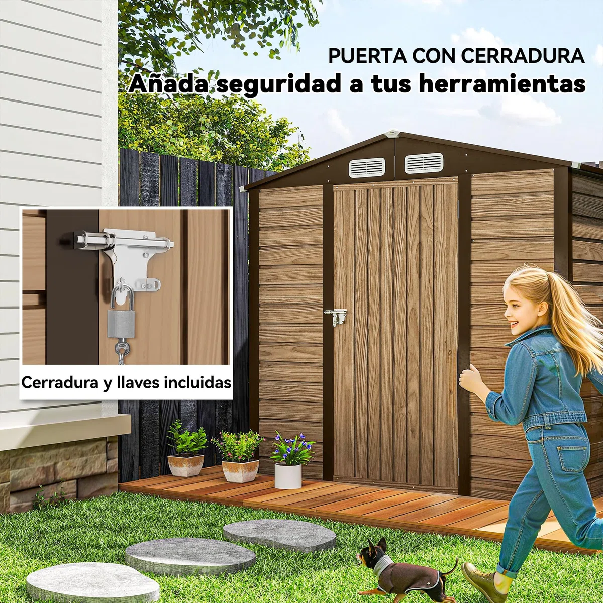 Outsunny Caseta de Jardín Exterior, 2,27 m² 190x131x188 cm, Cobertizo de Jardín Exterior Metálico con 2 Ventilaciones, Puerta con Cerradura, para Almacenamiento de Herramientas, Roble