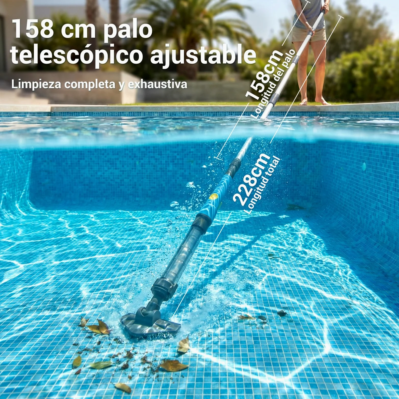 Aspirador de Piscina Inalámbrico 2 en 1, Limpiafondos Piscina Recargable con 60 Min de Autonomía, Succión de 32 L/min, Ideal para Piscinas Desmontables, Piscinas Elevadas, SPA e Hidromasaje