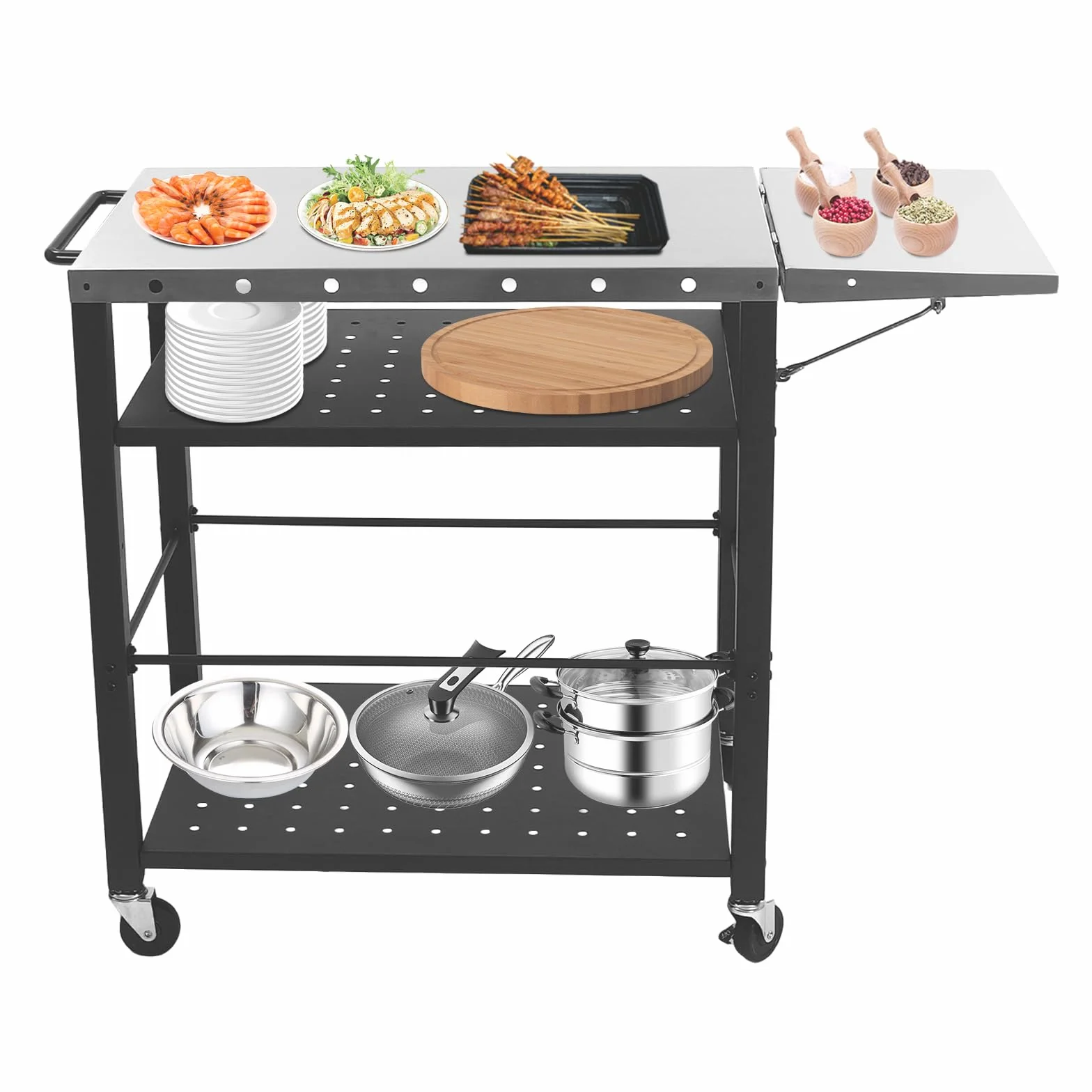 Mesa de barbacoa portátil para exteriores, barbacoa, mesa auxiliar, jardín, plegable, carrito de servir, carrito de acero inoxidable, mesa de barbacoa multifuncional con ruedas para terraza