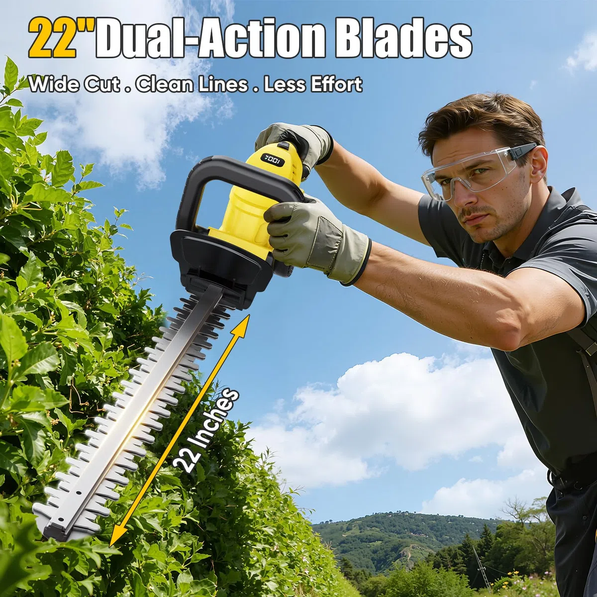 Cortasetos, batería de 52 cm de longitud de cuchilla, mango ergonómico, protección contra golpes, cortador de setos con batería de 2 x 4000 mAh para cortar arbustos, cuidado del jardín, sin cable