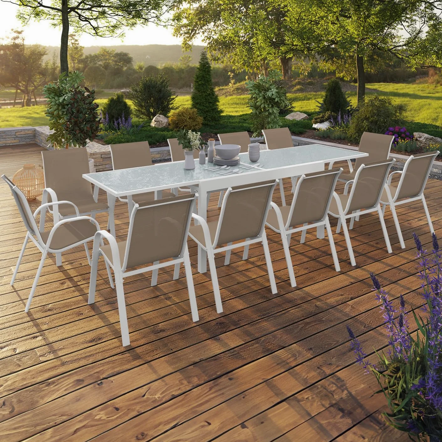 IDMarket - Salón de Jardín Madrid Mesa Extensible 135-270 CM y 12 Sillas Apilables Blanco y Beige