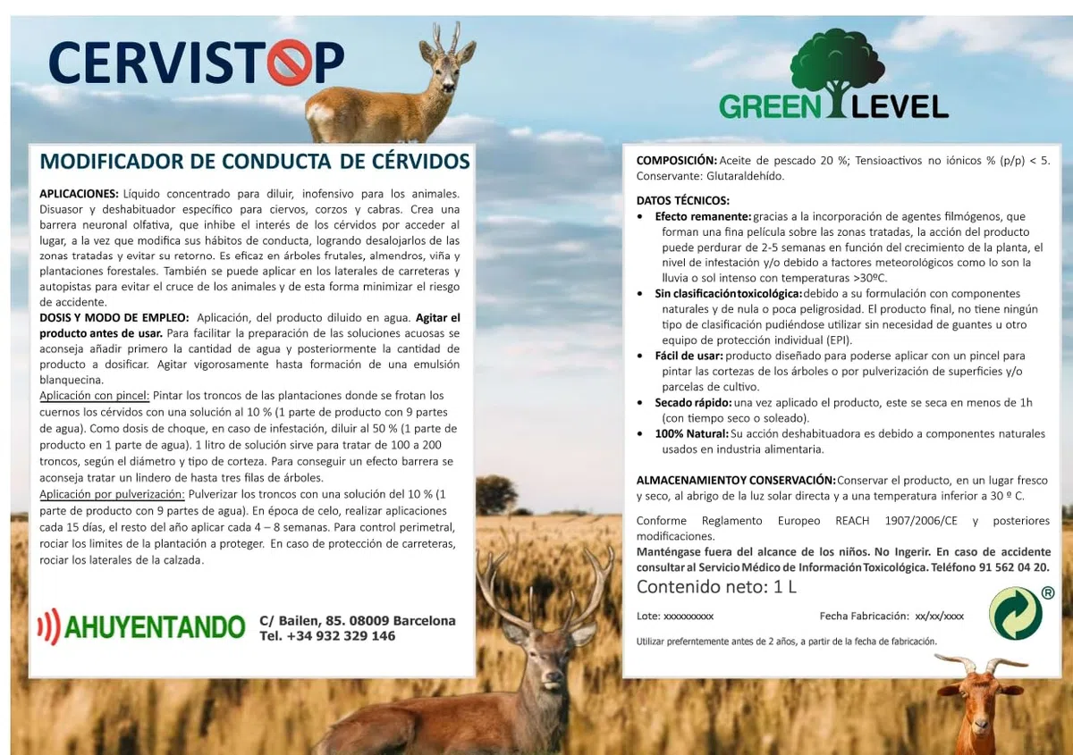 Repelente líquido de ciervos, corzos y cabras | Modificador de conducta | Plantaciones, viñas, árboles frutales y ornamentales | Superficie: 15.000m2