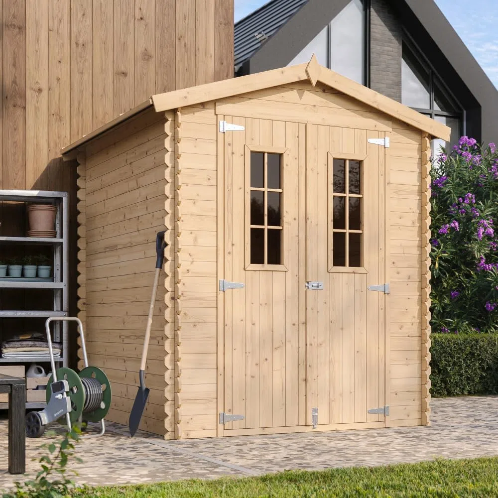 Cobertizo de Madera para jardín - 196x186cm/2,82 m² Cobertizo de Madera Natural - Taller de Jardín - Bicicleta, Almacenamiento de Herramientas TIMBELA M320C