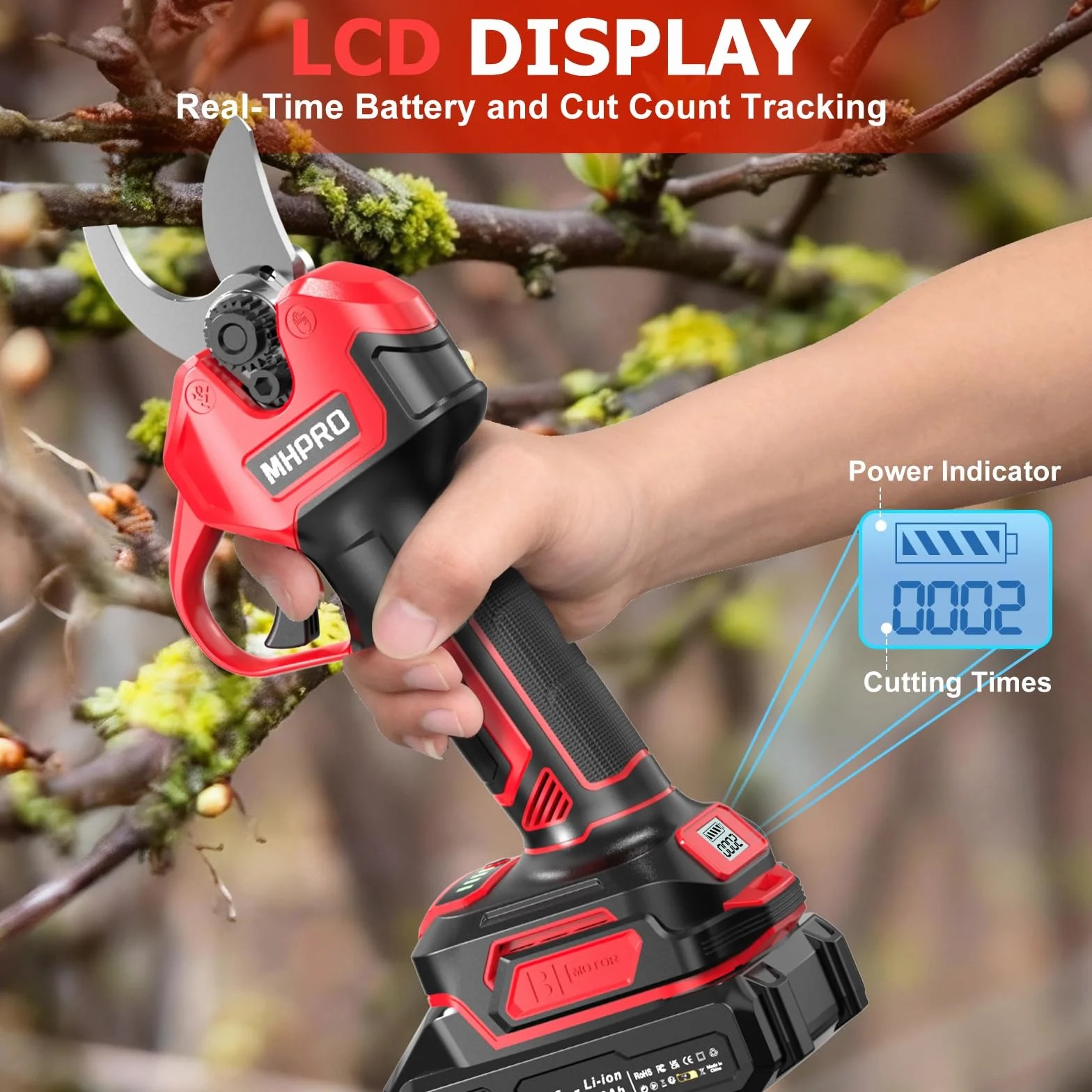 Tijeras de Podar Electricas Sin Escobillas, MHPRO Tijeras de Podar 21V con Baterías 2x2000mAh, Pantalla LCD, Tijeras podar Bateria para Jardinería, Árboles Frutales, Viñedos y Granja, Rojo