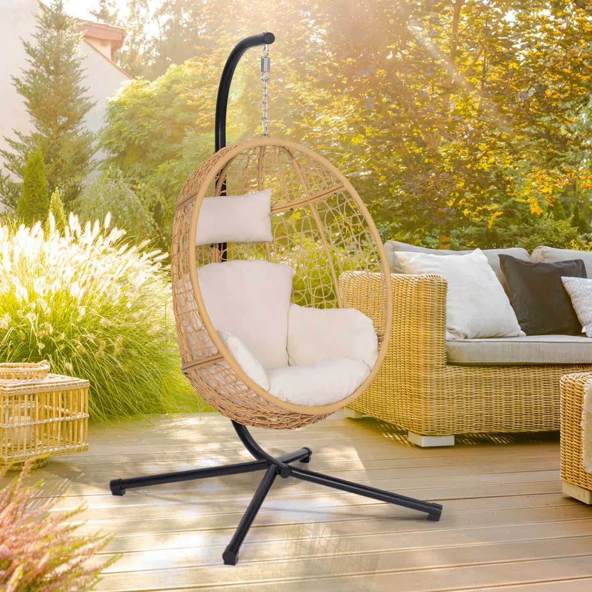 IDMarket – Sillón colgante calado efecto ratán con cojín crudo