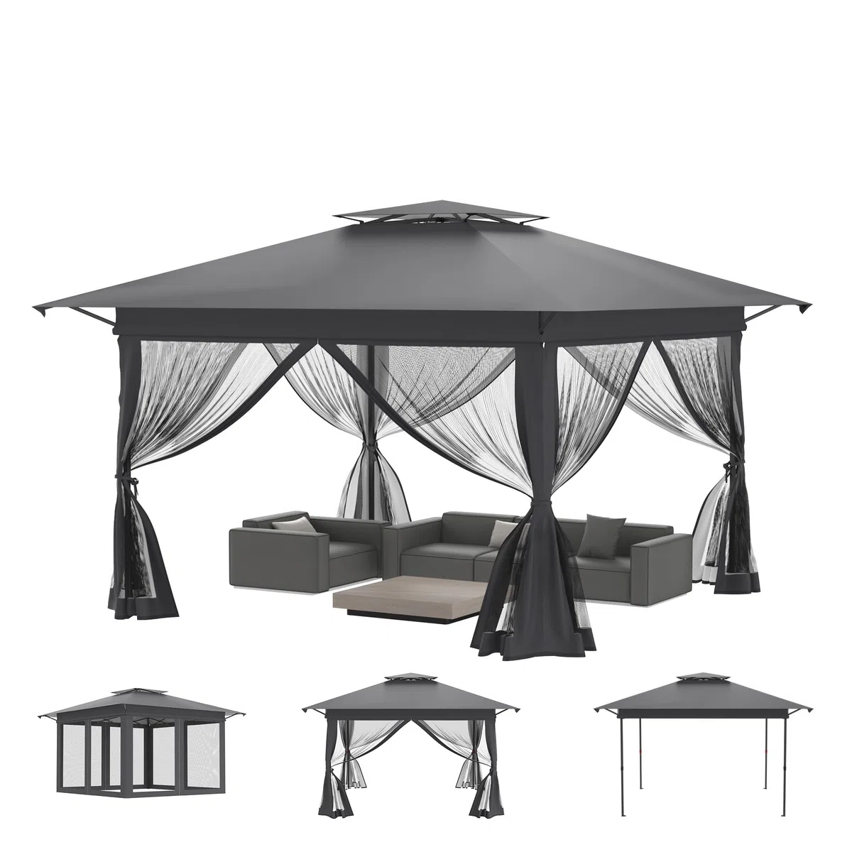 Cenador de jardín, 4 x 4 m, resistente al agua, protección UV, estable, plegable, 3 niveles, altura regulable, con 4 mosquiteros, laterales y doble techo, incluye bolsa de transporte, color antracita
