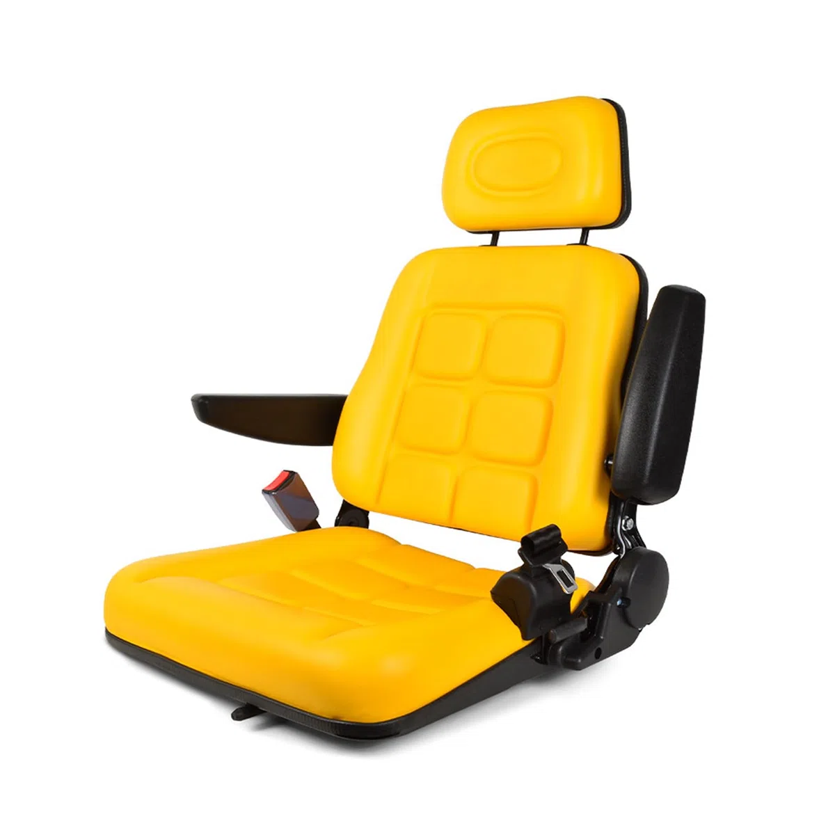 Asiento universal para carretilla elevadora con respaldo ajustable, asiento de tractor de PVC con cinturón de seguridad autorrebotante, asiento amarillo para cortacésped con reposabrazos para
