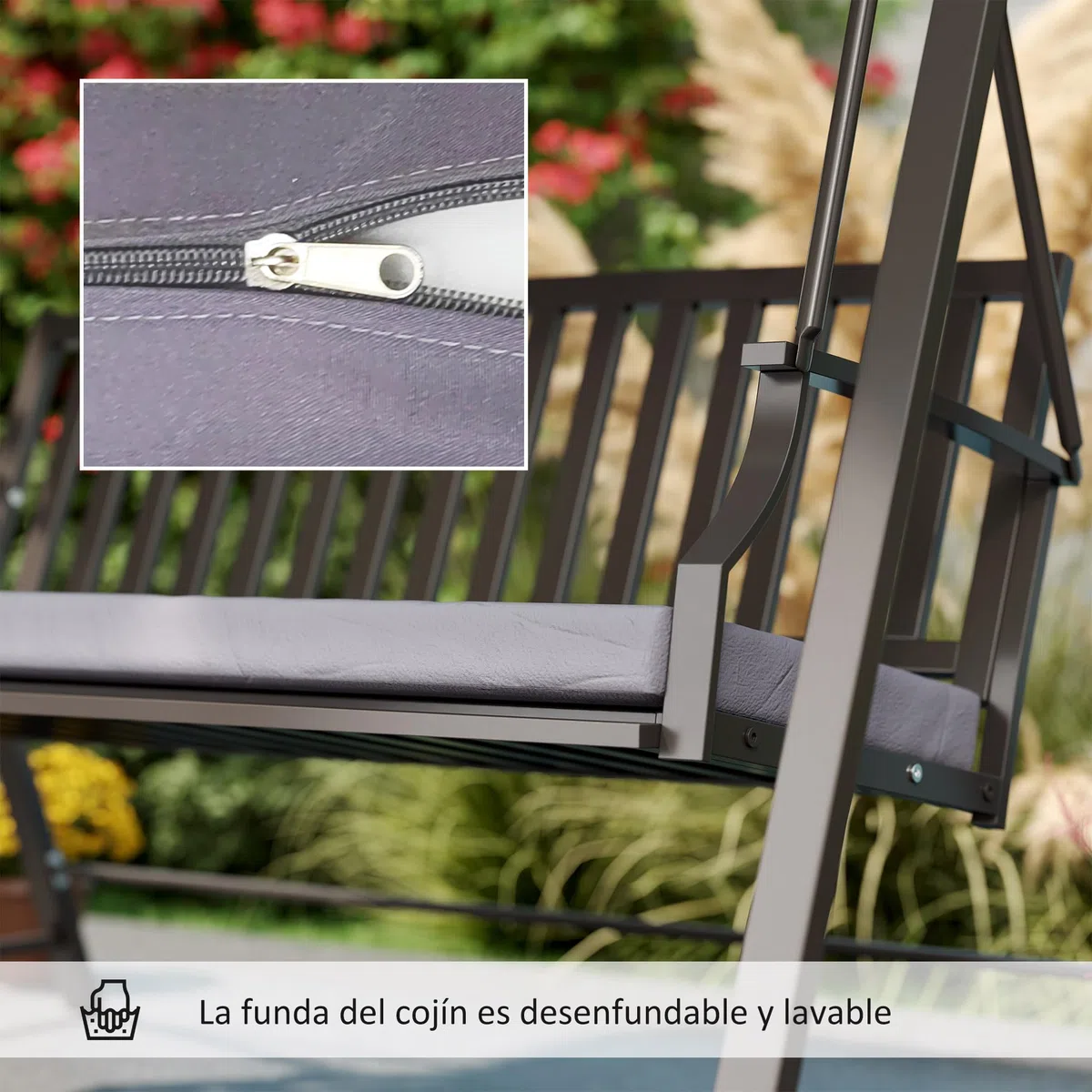 Outsunny Columpio de Jardín Exterior de 3 Plazas Balancín de Jardín Exterior con Toldo Ajustable Cojín y Estructura de Acero Carga 360 kg 205x133x181 cm Gris