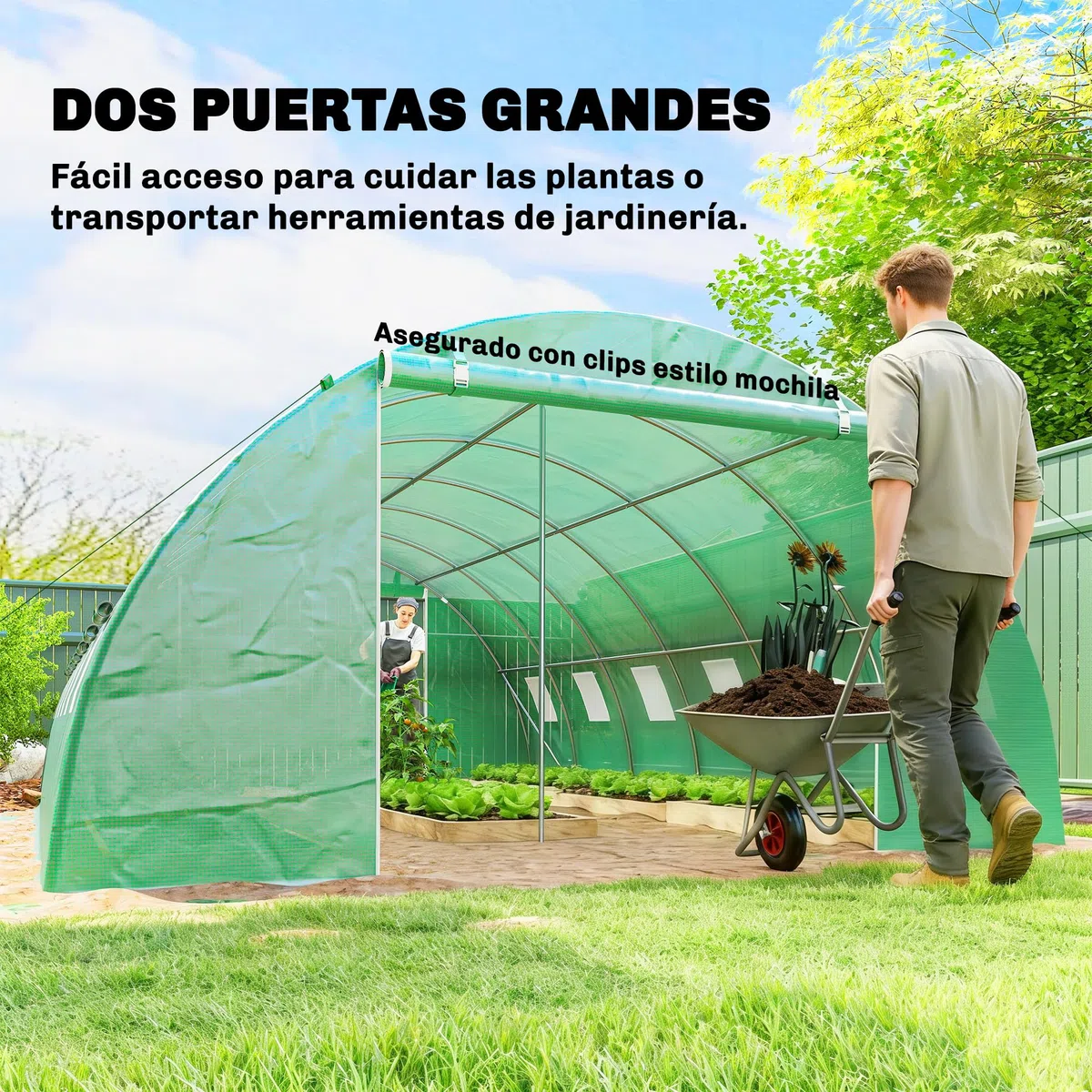 Outsunny Invernadero de Exterior 6x4x2 m, Invernadero de Túnel con 2 Varillas de Soporte, Puertas Enrollables, Ventanas de Malla, Cubierta PE y Marco de Acero Galvanizado, Anti-UV, Impermeable, Verde