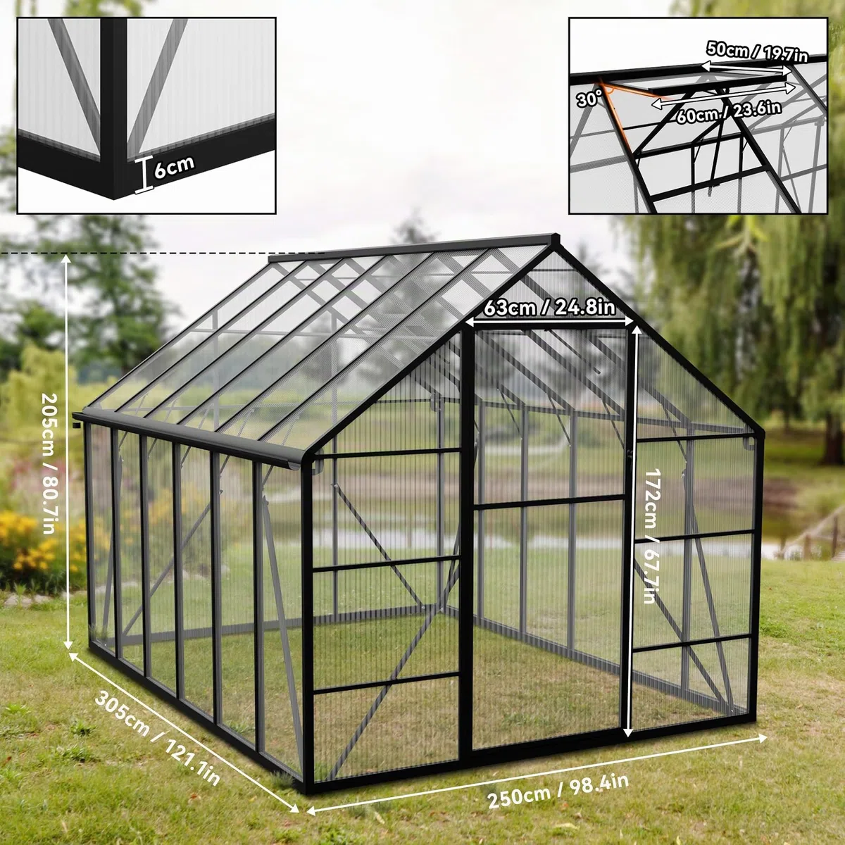 Froadp Invernadero de aluminio con base 310x250x205cm Invernaderos de jardín 4mm placas de cámara de aire de PC resistentes a la intemperie, invernadero para tomates con ventanas Invernadero para
