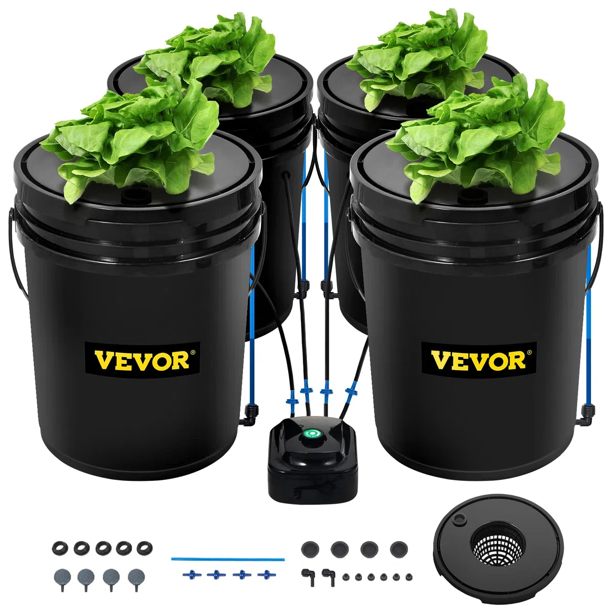 VEVOR DWC Sistema de Cultivo Hidropónico Kit de Cultivo de Agua Profunda de 20 L 4 Cubos con Bomba de Aire Piedras de Aire Dispositivo de Nivel de Agua Sistema Hidropónico DWC para Vegetales de Hoja