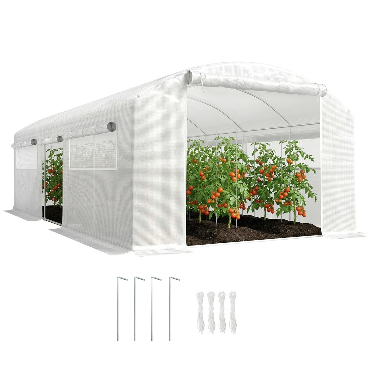 Outsunny Invernadero de Exterior 6x3x2 m, Invernadero de Túnel con 3 Puertas Enrollables, Ventanas de Malla, Cubierta PE 140g/m² Anti-UV y Marco de Acero Galvanizado, para Cultivos, Plantas, Blanco