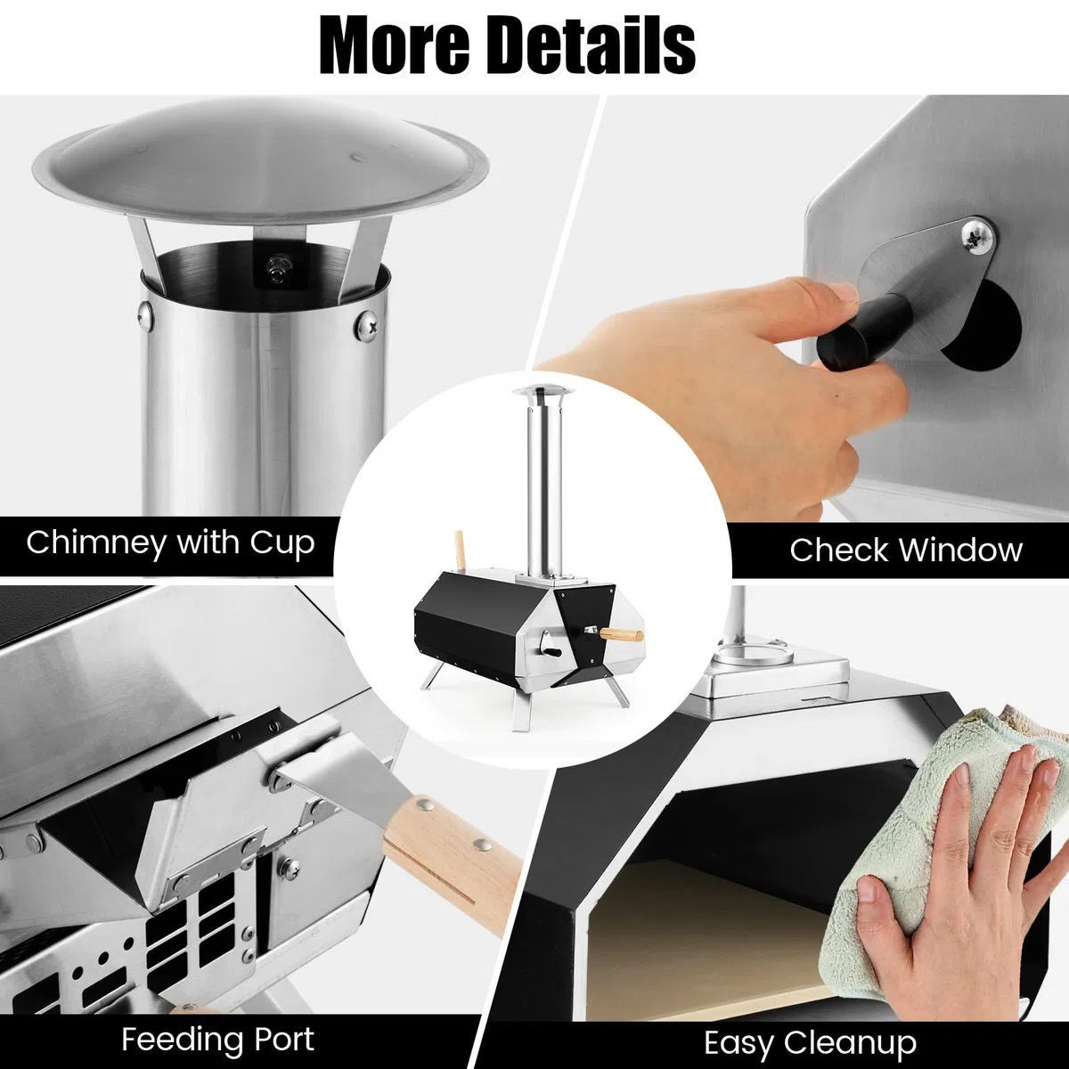 KOMFOTTEU 12" Horno de Pizza para Exterior, Horno de Leña Portátil con Piedra para Pizza, Pala de Pizza, Termómetro y Patas Plegables, Horno Pizzero de Acero Inoxidable para Barbacoa, Camping