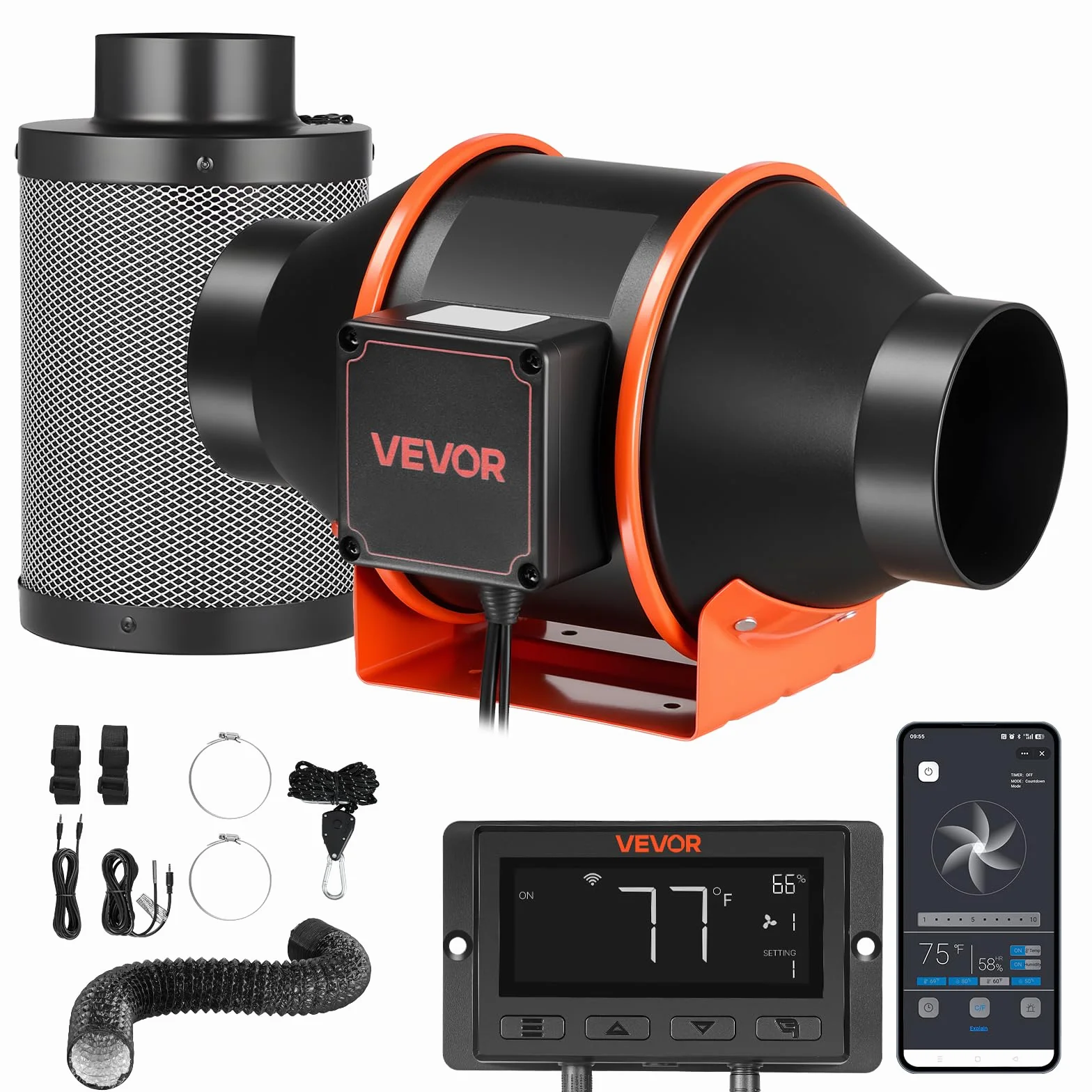 VEVOR Ventilador de Conducto en Línea 3000 RPM, Extractor con Kit de Ventilación, 10 Velocidades, Motor EC, 349 m³/h, Sensor de Temperatura y Humedad, Controlador PWM y App para Armarios de Cultivo