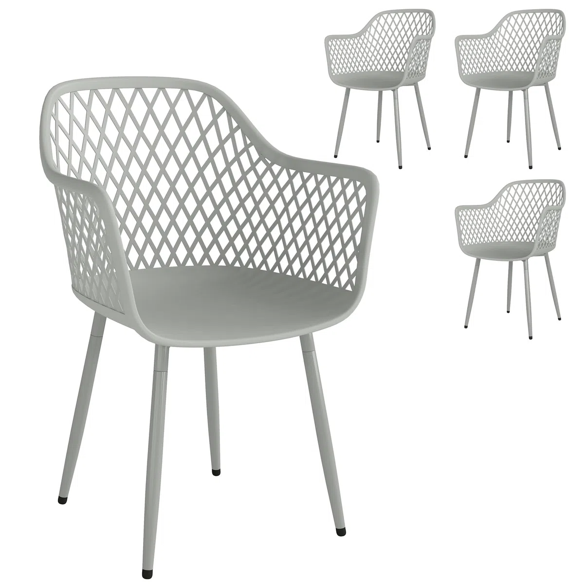 Outsunny Juego de 4 Sillas de Jardín Exterior, Sillas Terraza Exterior con Respaldo Diamante, Asiento de PP Anti-UV, Reposabrazos y Patas Metálicas, para Terraza, Balcón, 56x51x84 cm, Gris