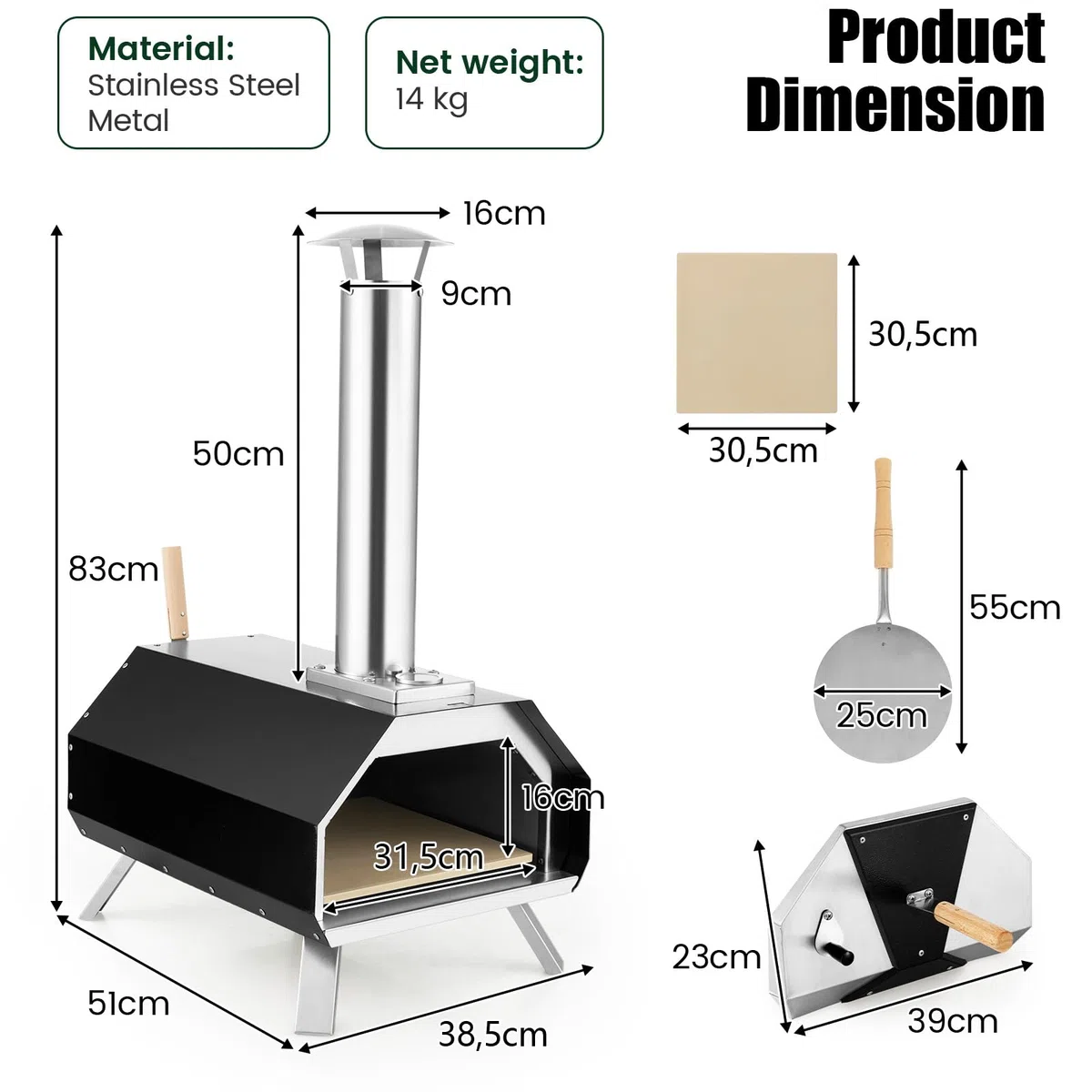 KOMFOTTEU 12" Horno de Pizza para Exterior, Horno de Leña Portátil con Piedra para Pizza, Pala de Pizza, Termómetro y Patas Plegables, Horno Pizzero de Acero Inoxidable para Barbacoa, Camping
