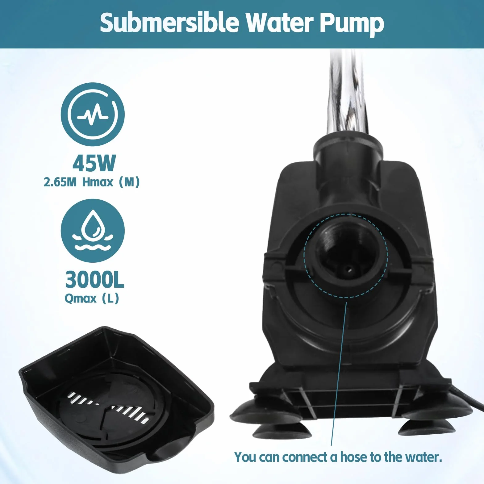 Estanque cascada Spillway de 30 cm, color negro, acero inoxidable, filtro para estanque de jardín, estanque, 30 cm, 45 W, 3000 L/H, con bomba y luz LED para juego de agua, patio, terraza, pared de