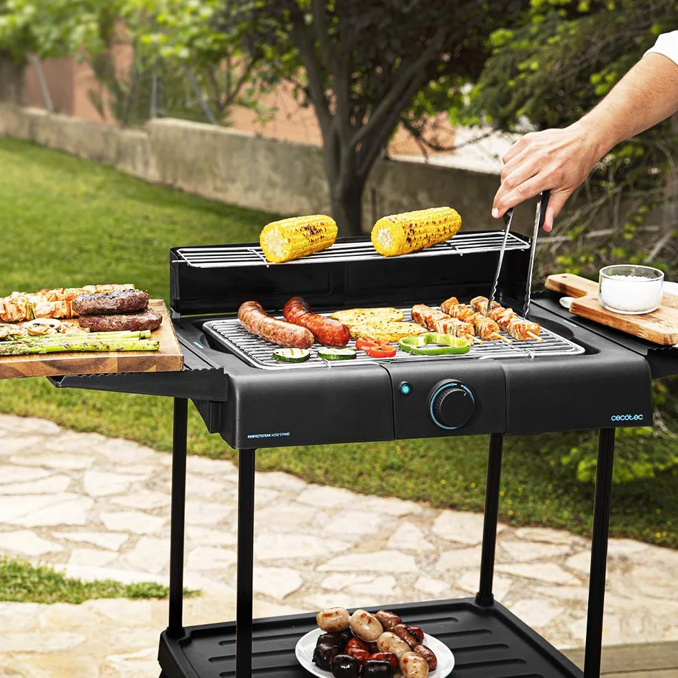 Cecotec Barbacoa eléctrica PerfectSteak 4250 Stand con 2400 W, Parrilla de Acero Inoxidable, Soportes con Gran Superficie, 3 Niveles de Altura y Panel Cortavientos, Acero Inoxidable, PerfectSteak