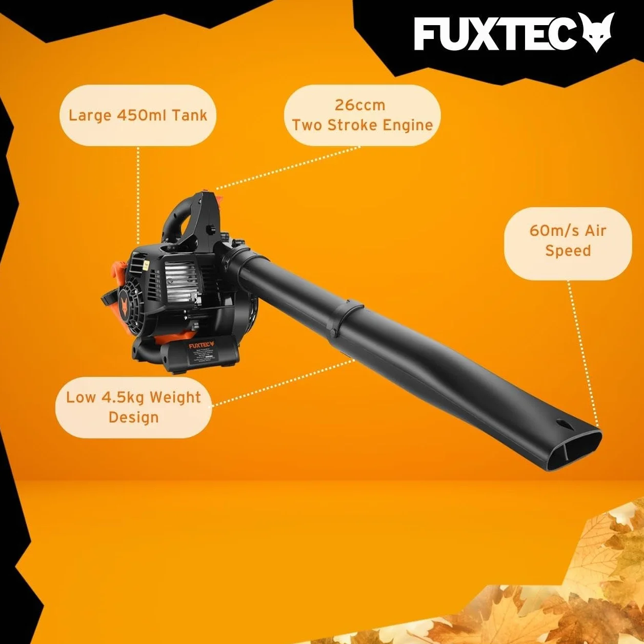 FUXTEC - Soplador de Hojas a Gasolina FX-LB126ECO Cilindrada 26 cm³ Velocidad del Aire 60 m/s Peso 4,5 kg Diferentes boquillas para Diferentes Superficies