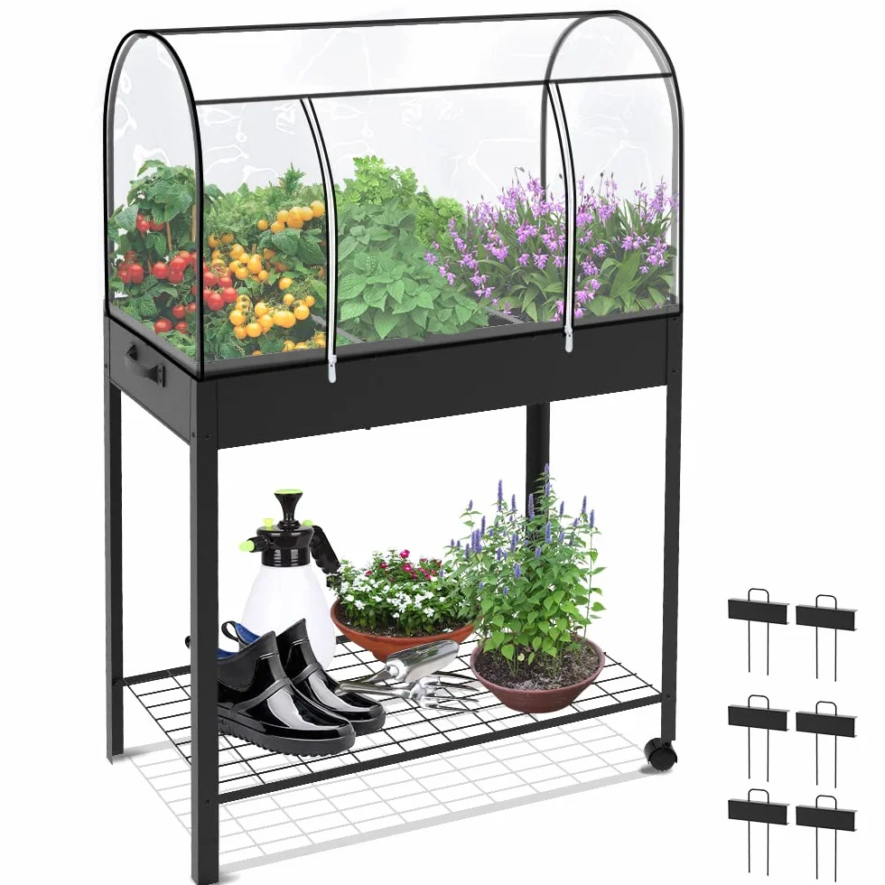 VOUNOT® Huerto Urbano Terraza Mesa de Cultivo Cubierta de Protección, Jardinera Elevada con Ruedas Asa Lateral y Estante Inferior, para Plantas Flores Verduras Jardín Interior Exterior, Negro