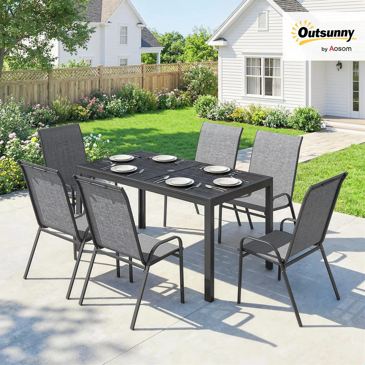 Outsunny Conjunto de Mesa y Sillas Jardín de 7 Piezas, Muebles Jardín Exterior con Mesa Metálica Efecto Madera con Agujero, 6 Sillas Apilables Transpirables, Marco de Acero Resistente, Gris Mixto