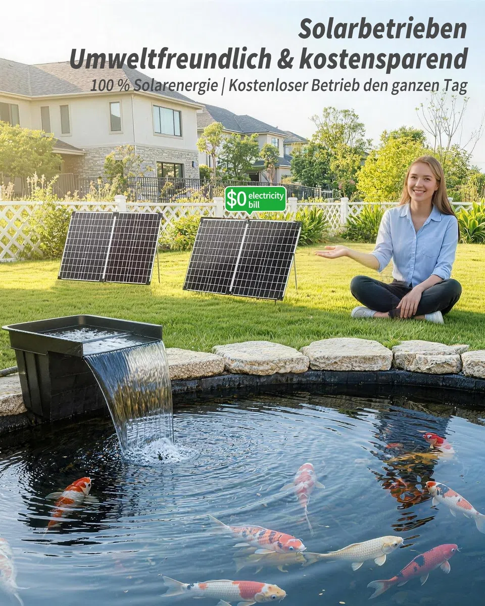 POPOSOAP Cascada Solar para Estanque con Panel Solar de 100W y Bomba de 4500 L/h, Tubo Corrugado de 3m, Material Filtrante, Cascada para Estanque de Jardín Exterior, Arroyos