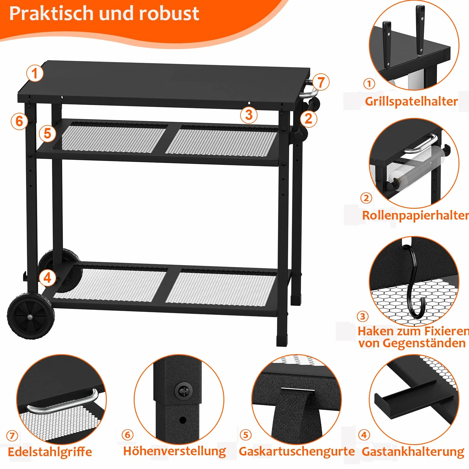 Carrito de barbacoa multifuncional, 3 niveles, carrito de cocina con soporte para toallas de papel y ganchos, mesa auxiliar para exteriores (negro)