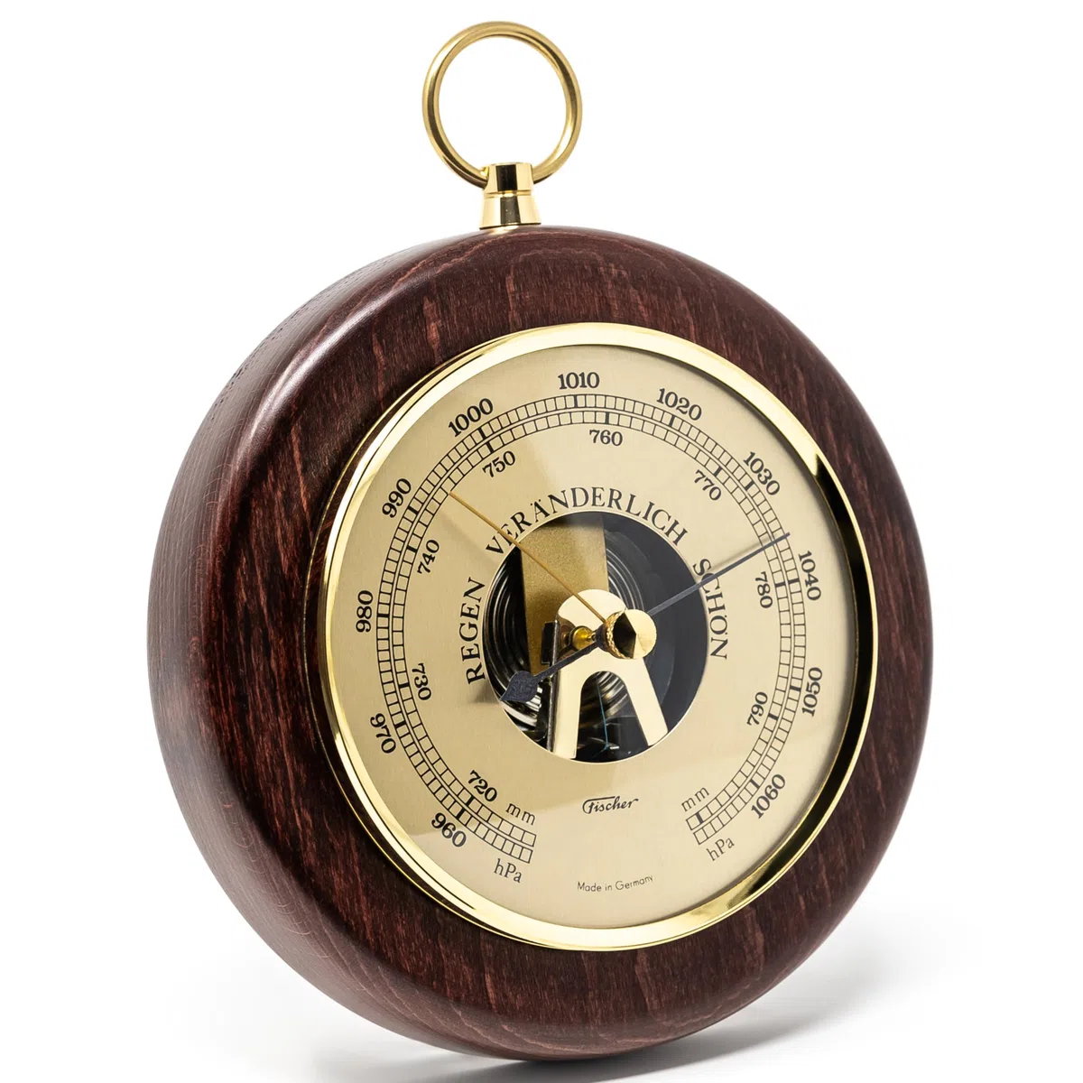 Fischer 1366R-22 Barómetro - Medidor de presión de 140 mm con carcasa de madera auténtica teñida color caoba - Latón - Fabricado en Alemania