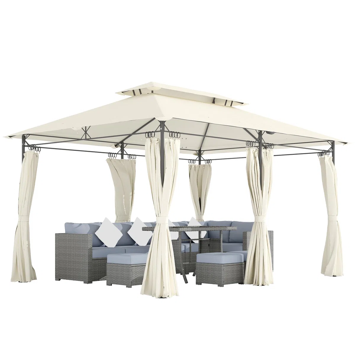 Outsunny Cenador de Jardín 4x3 m, Pabellón de Jardín Gazebo con Doble Techo, 6 Paredes Laterales, Estructura Metálica, Orificios de Drenaje, Carpa para Exterior, Terraza, Patio, Crema