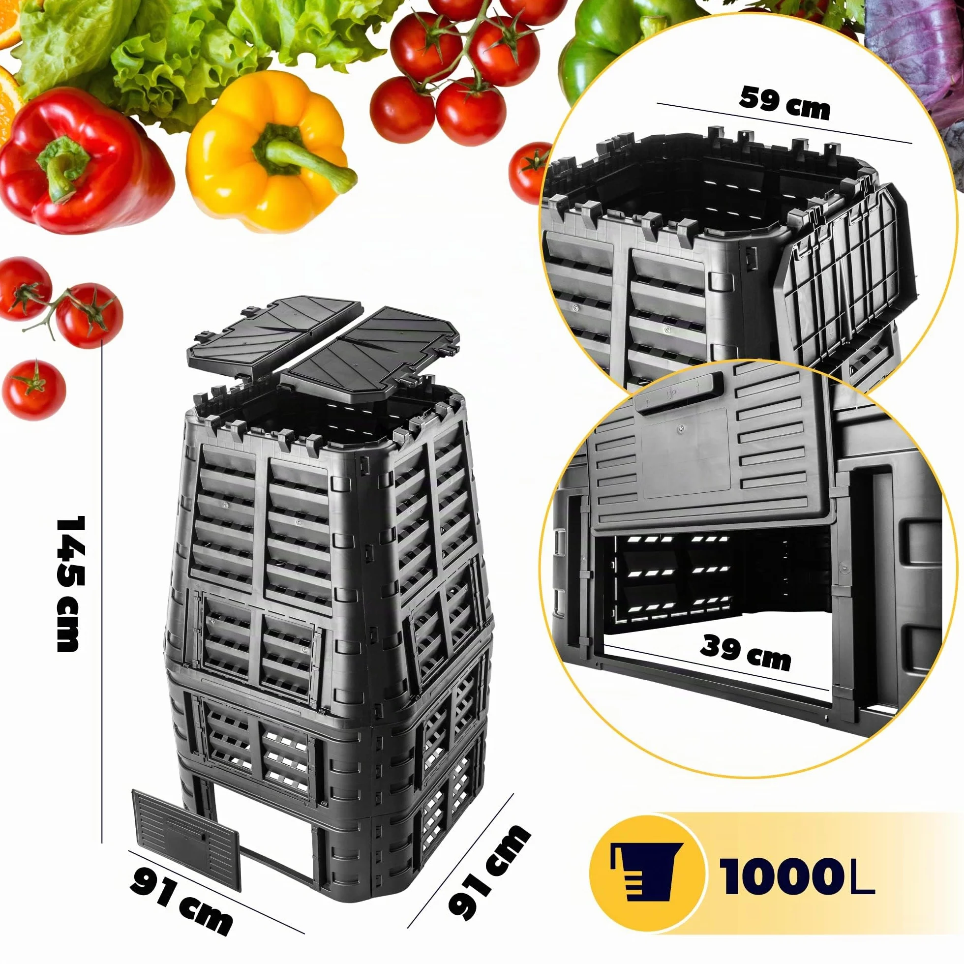 KADAX - Compostador de jardín 1000L, una solución ecológica y práctica para transformar sus residuos orgánicos en fertilizante natural, bandeja de compost (Negro)