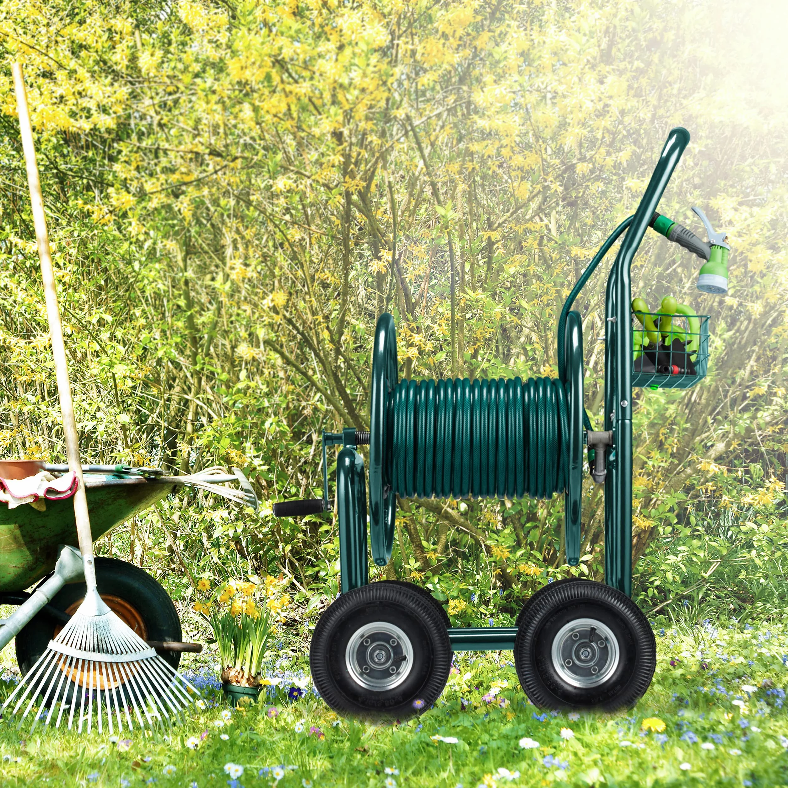 Relaxdays Carro Portamangueras, hasta 90 m, Acoplamiento por Clic, 4 Neumáticos, Cesta, Soporte Mangueras Metal, Verde