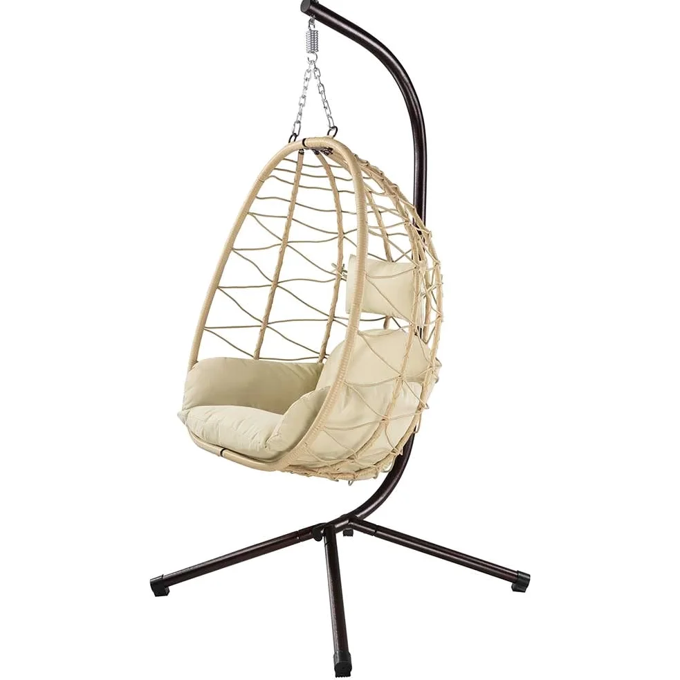 Bakaji Sillón Colgante de jardín, Silla Mecedora Hamaca para Exterior, Estructura de Metal Nido de ratán y Cuerda + cojín Asiento Acolchado y reposacabezas, diseño Moderno, 198 x 110 x 95 cm (Beige)