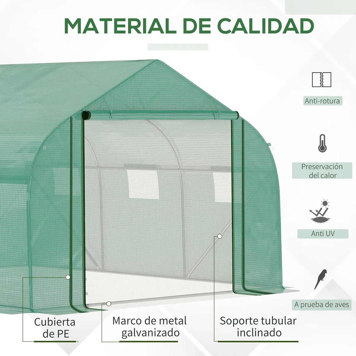 Outsunny Invernadero de Túnel 3,5x3x2 m Invernadero de Jardín con Puerta y 6 Ventanas Enrollables de Polietileno PE 140 g/m² Metal Galvanizado para Cultivos Plantas Flores Verde
