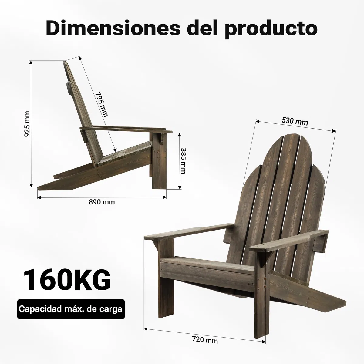 WilTec Silla de jardín Adirondack de Madera Maciza 89 x 72 x 92,5 cm - para Exterior, jardín - hasta 160 kg - ergonómica - de Pino - Muebles ajardinados macizos atemporales