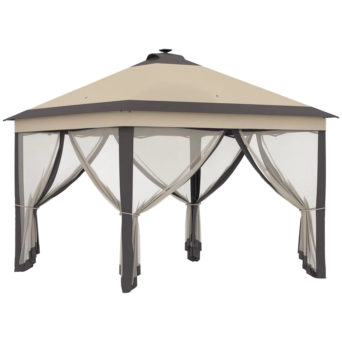 Outsunny Carpa Plegable con Luces LED 3,3x3,3 m Cenador de Jardín con Control Remoto 4 Paredes Laterales de Malla Altura Ajustable y Bolsa de Transporte para Patio Fiestas Beige