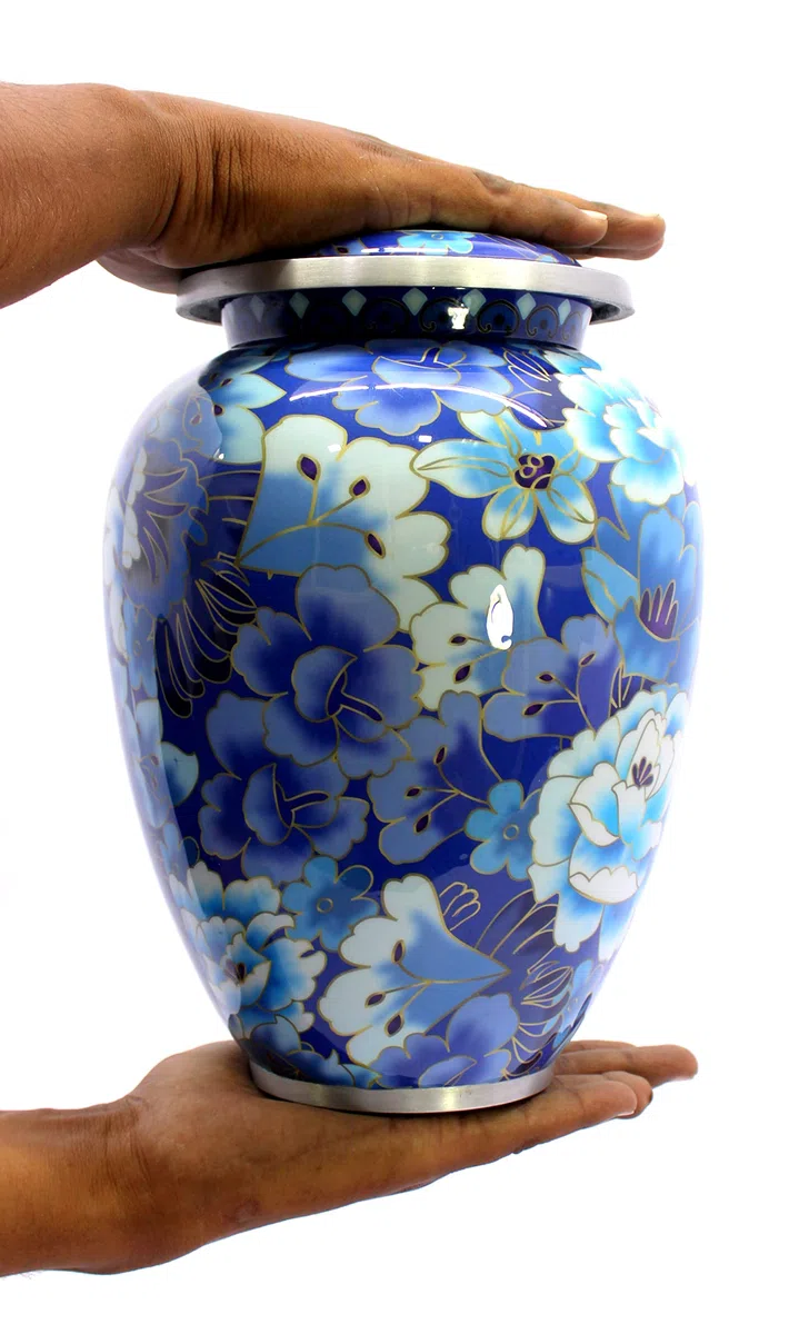 eSplanade Urna de cremación conmemorativa para cenizas humanas | Urnas funerarias de entierro | Floral azul - 10 pulgadas (tamaño completo)