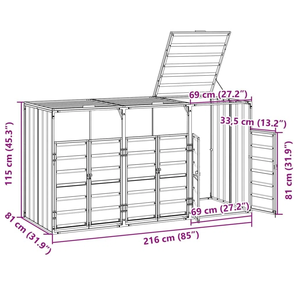 vidaXL Cobertizo de 3 contenedores Basura Acero Gris 216x81x115 cm, cobertizo para Cubos de Basura, cobertizo de Cubos para Exterior, caseta para Cubos de Basura