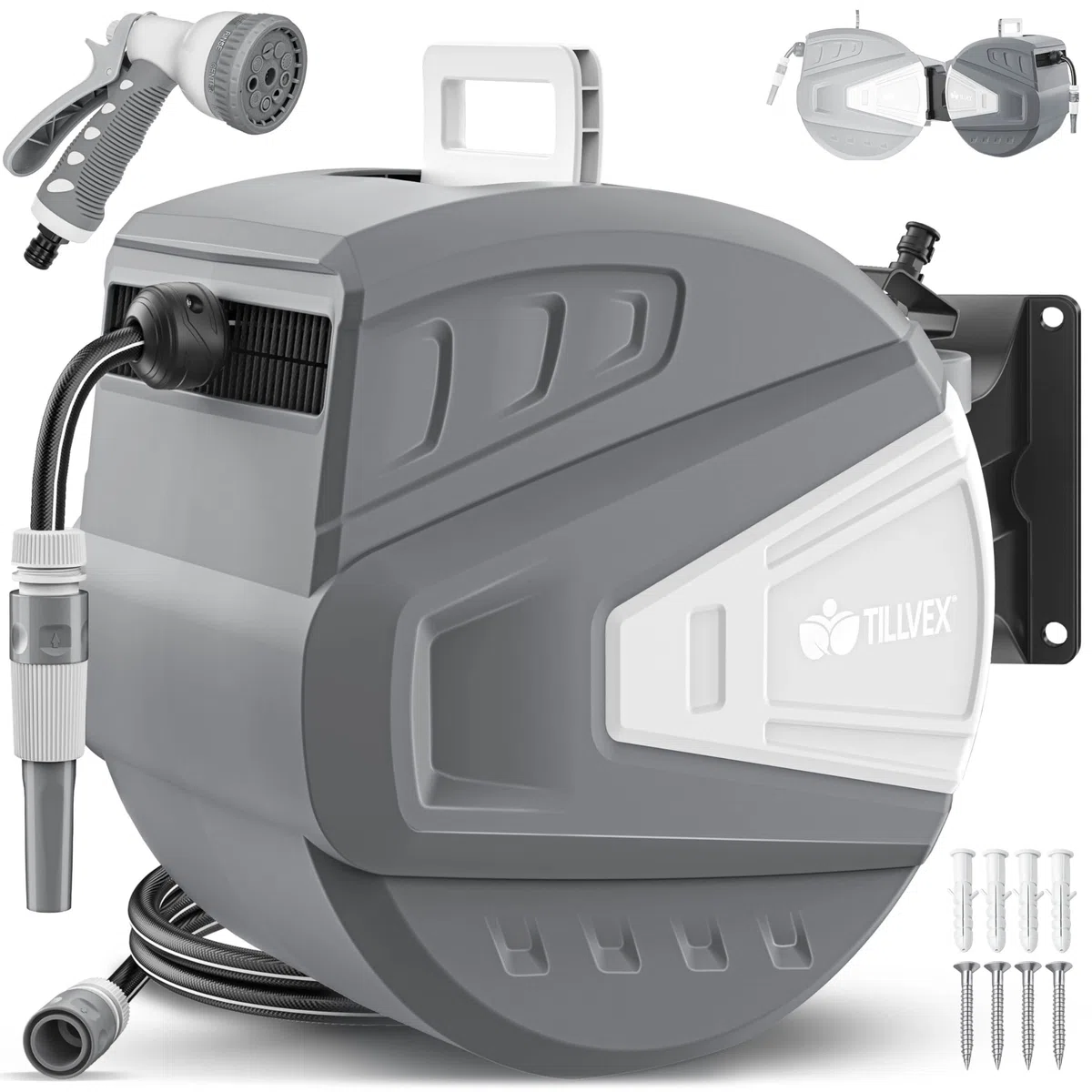 tillvex Carrete para Manguera de agua 20+2m con soporte de pared | Enrollador de manguera con pistola manual y manguera de jardín | Caja de manguera para pared con enrollado automático