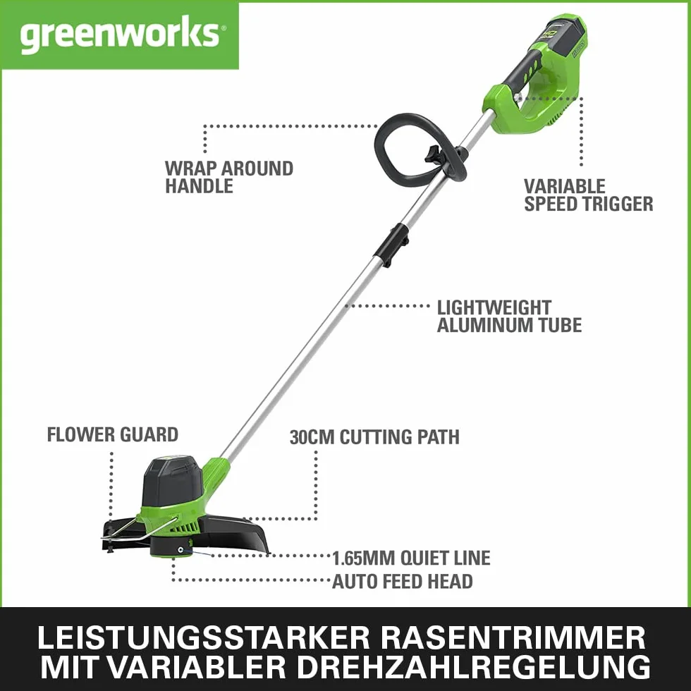 Greenworks 40V Cortabordes a Batería para Jardín Mediano, Altura Regulable, 30 cm Ancho de Corte, Alimentación Automática Nylon de 1,65 mm, Batería 40 V 2 Ah y Cargador, 3 Años de Garantía G40LTK2